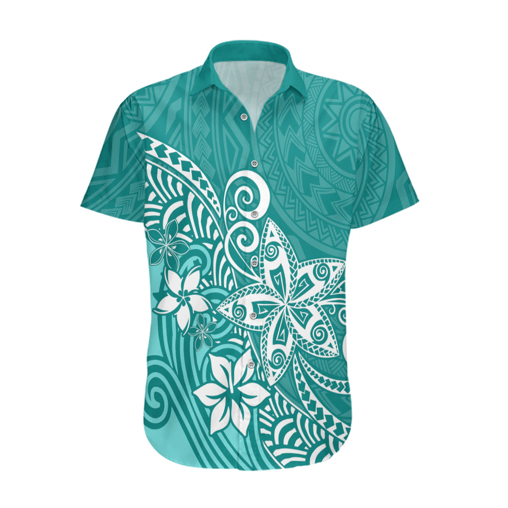 Polynesia Hawaiian Shirt Plumeria Teal Curves - Shopicos