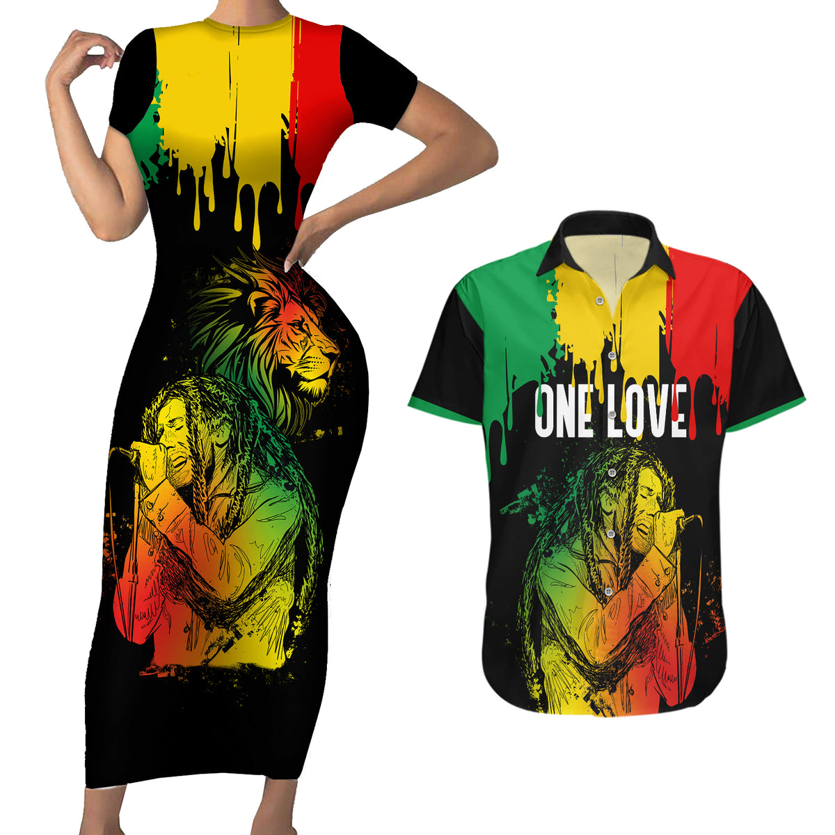 Jamaica Reggae Couples Matching Short Sleeve Bodycon Dress and Hawaiian Shirt Legend Bob Sketch Style One Love LT7 - Shopicos