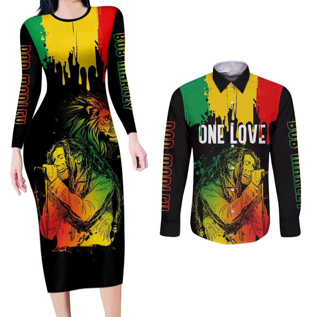 Jamaica Reggae Couples Matching Long Sleeve Bodycon Dress and Long Sleeve Button Shirts Legend Bob Sketch Style One Love LT7