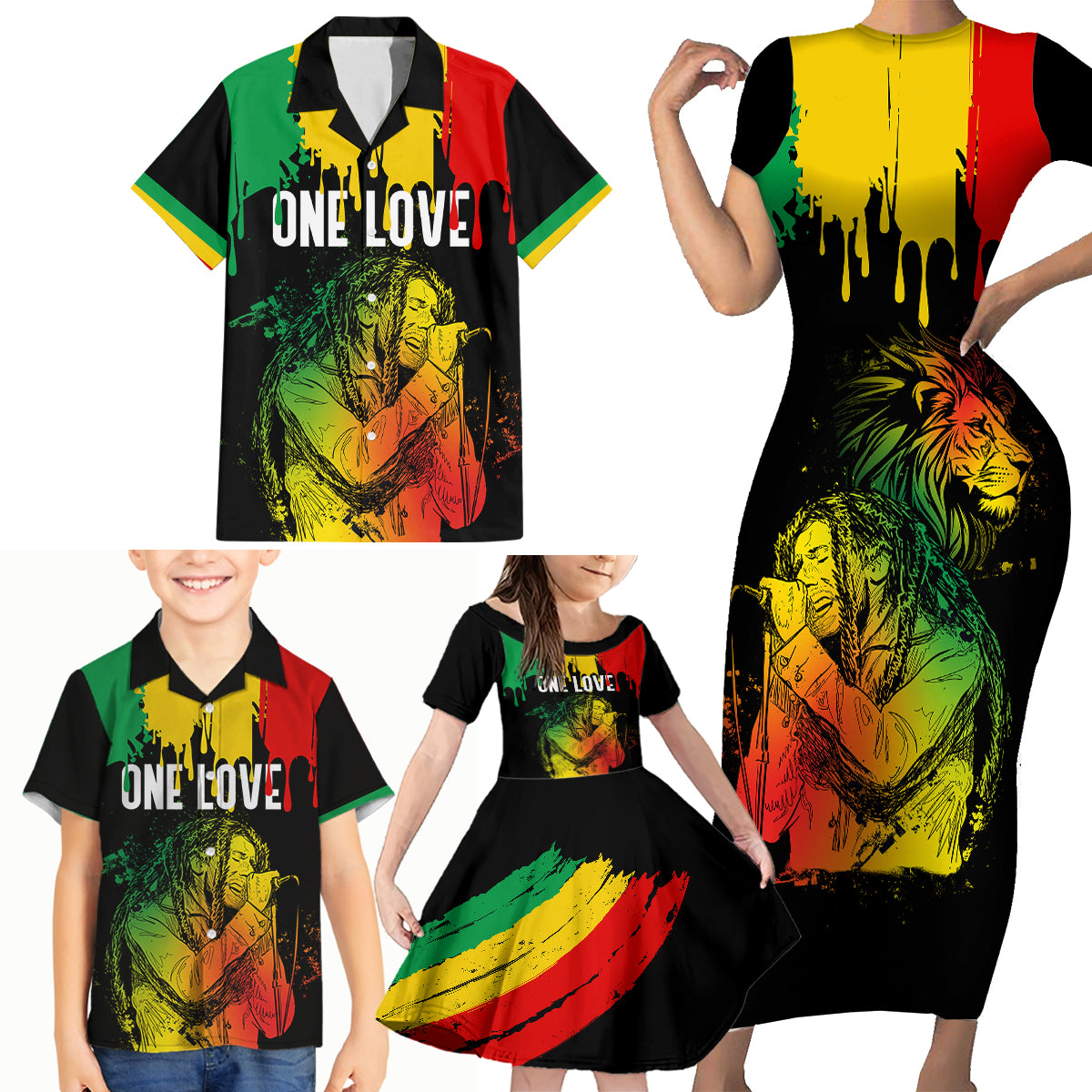 Jamaica Reggae Family Matching Short Sleeve Bodycon Dress and Hawaiian Shirt Legend Bob Sketch Style One Love - Shopicos