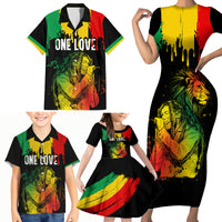 Jamaica Reggae Family Matching Short Sleeve Bodycon Dress and Hawaiian Shirt Legend Bob Sketch Style One Love - Shopicos