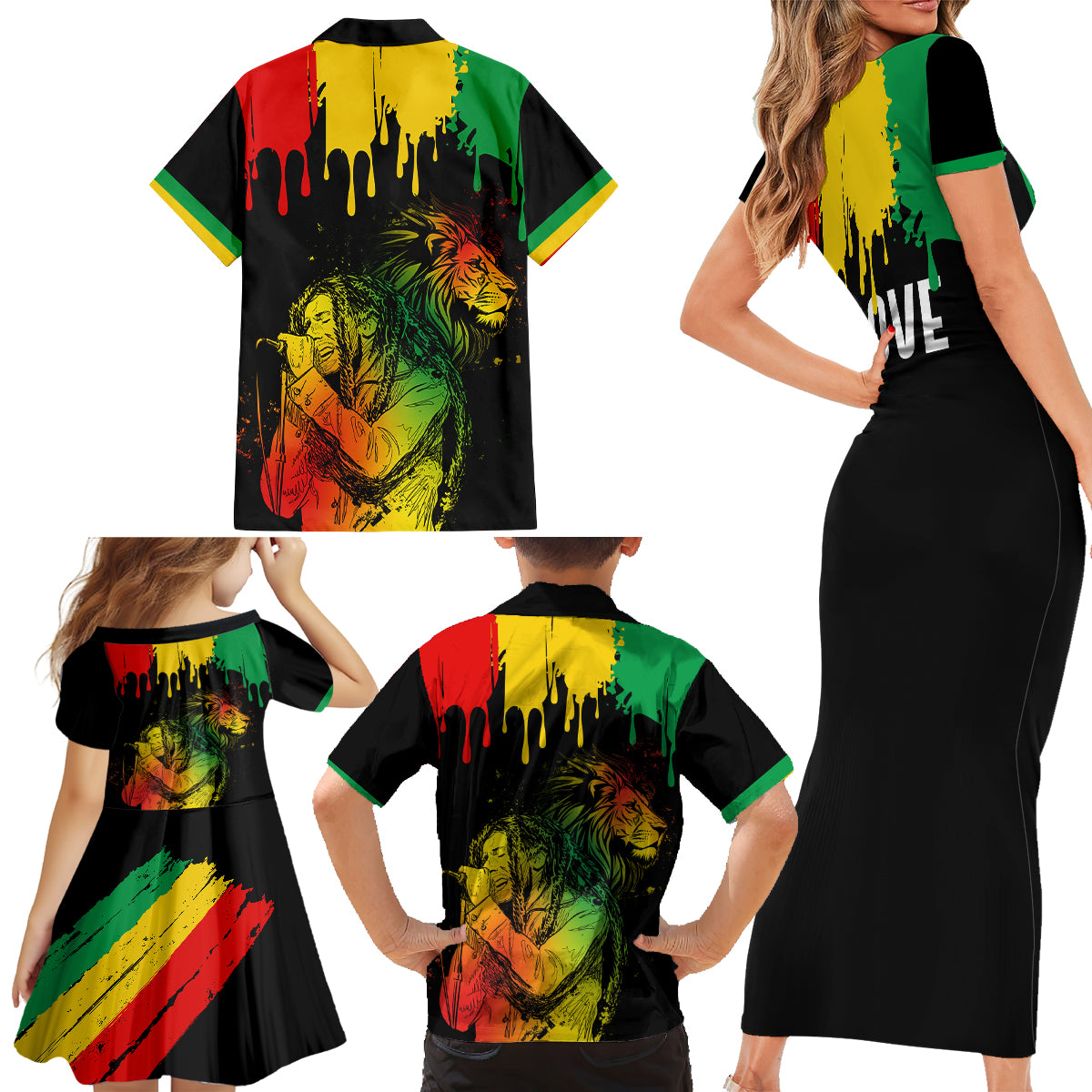 Jamaica Reggae Family Matching Short Sleeve Bodycon Dress and Hawaiian Shirt Legend Bob Sketch Style One Love - Shopicos