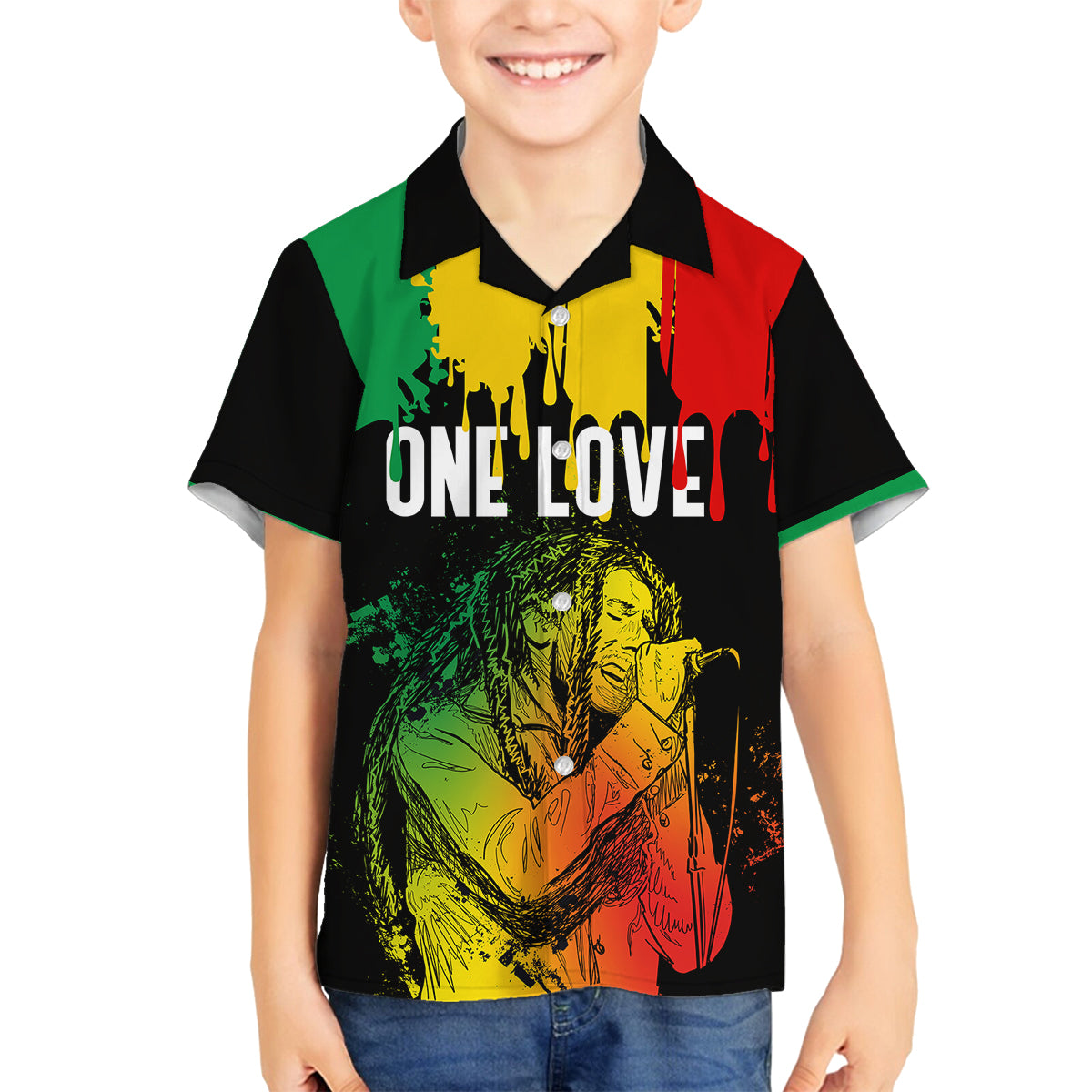 Jamaica Reggae Family Matching Short Sleeve Bodycon Dress and Hawaiian Shirt Legend Bob Sketch Style One Love - Shopicos