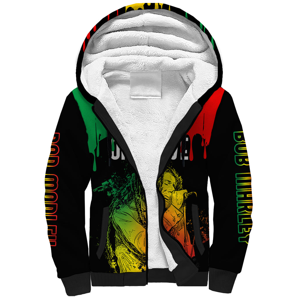 Jamaica Reggae Sherpa Hoodie Legend Bob Sketch Style One Love - Shopicos