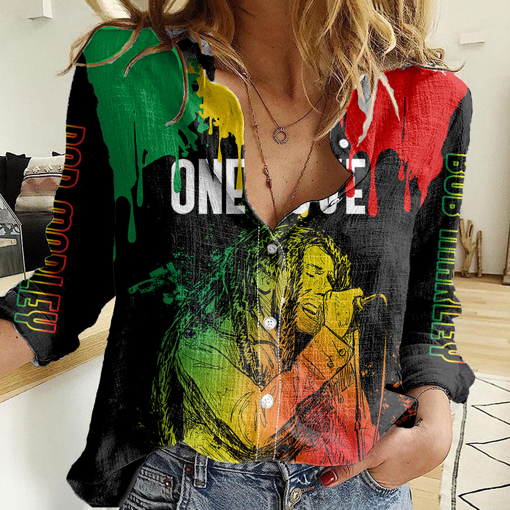 Jamaica Reggae Women Casual Shirt Legend Bob Sketch Style One Love - Shopicos