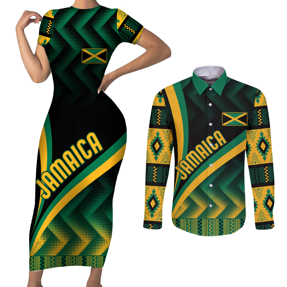 Personalised Jamaica Couples Matching Short Sleeve Bodycon Dress and Long Sleeve Button Shirts Kente Pattern Basic - Black LT7 - Shopicos