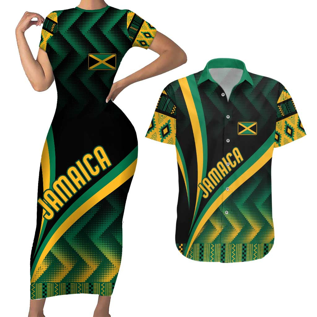 Personalised Jamaica Couples Matching Short Sleeve Bodycon Dress and Hawaiian Shirt Kente Pattern Basic - Black LT7