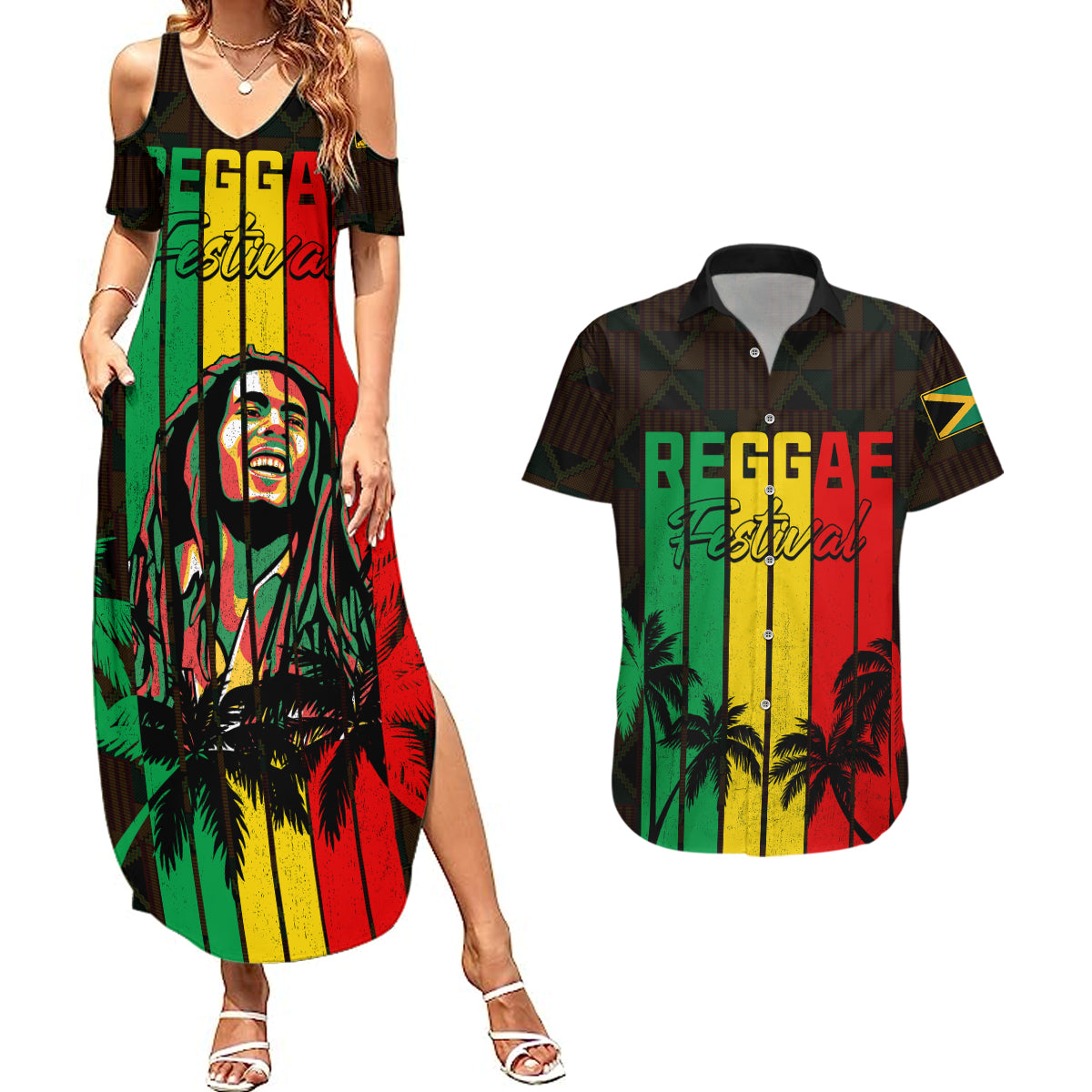 Personalised Jamaica Couples Matching Summer Maxi Dress and Hawaiian Shirt Reggae Festival Legend Bob Abstract Portrait LT7 - Shopicos