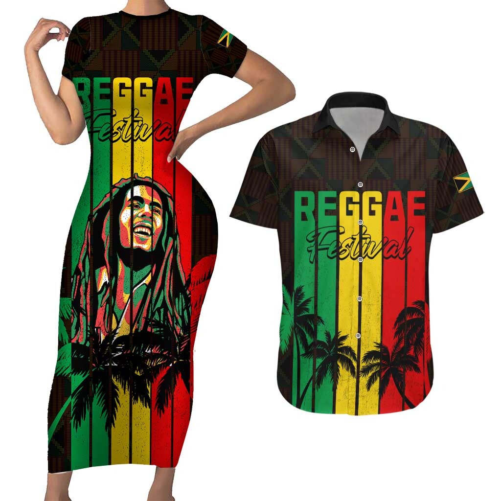 Personalised Jamaica Couples Matching Short Sleeve Bodycon Dress and Hawaiian Shirt Reggae Festival Legend Bob Abstract Portrait LT7