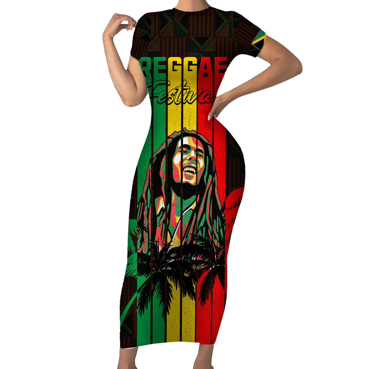 Personalised Jamaica Short Sleeve Bodycon Dress Reggae Festival Legend Bob Abstract Portrait - Shopicos