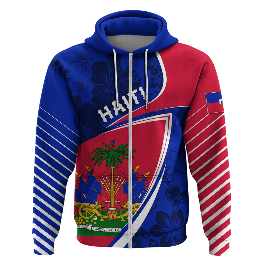 Personalised Haiti Independence Anniversary Zip Hoodie Mix Hibiscus - Flag Color - Shopicos
