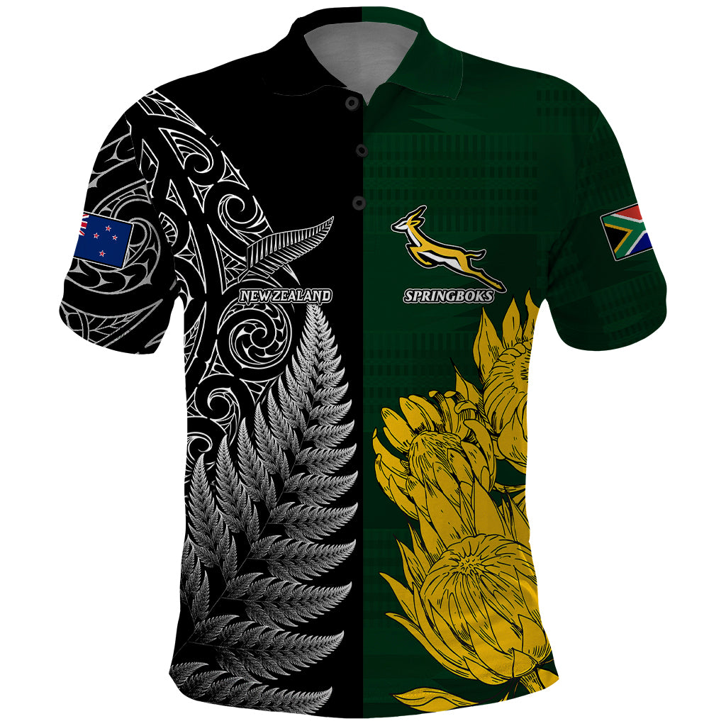 Personalised New Zealand Mix South Africa Rugby Polo Shirt Protea Vs. Silver Ferns - Shopicos