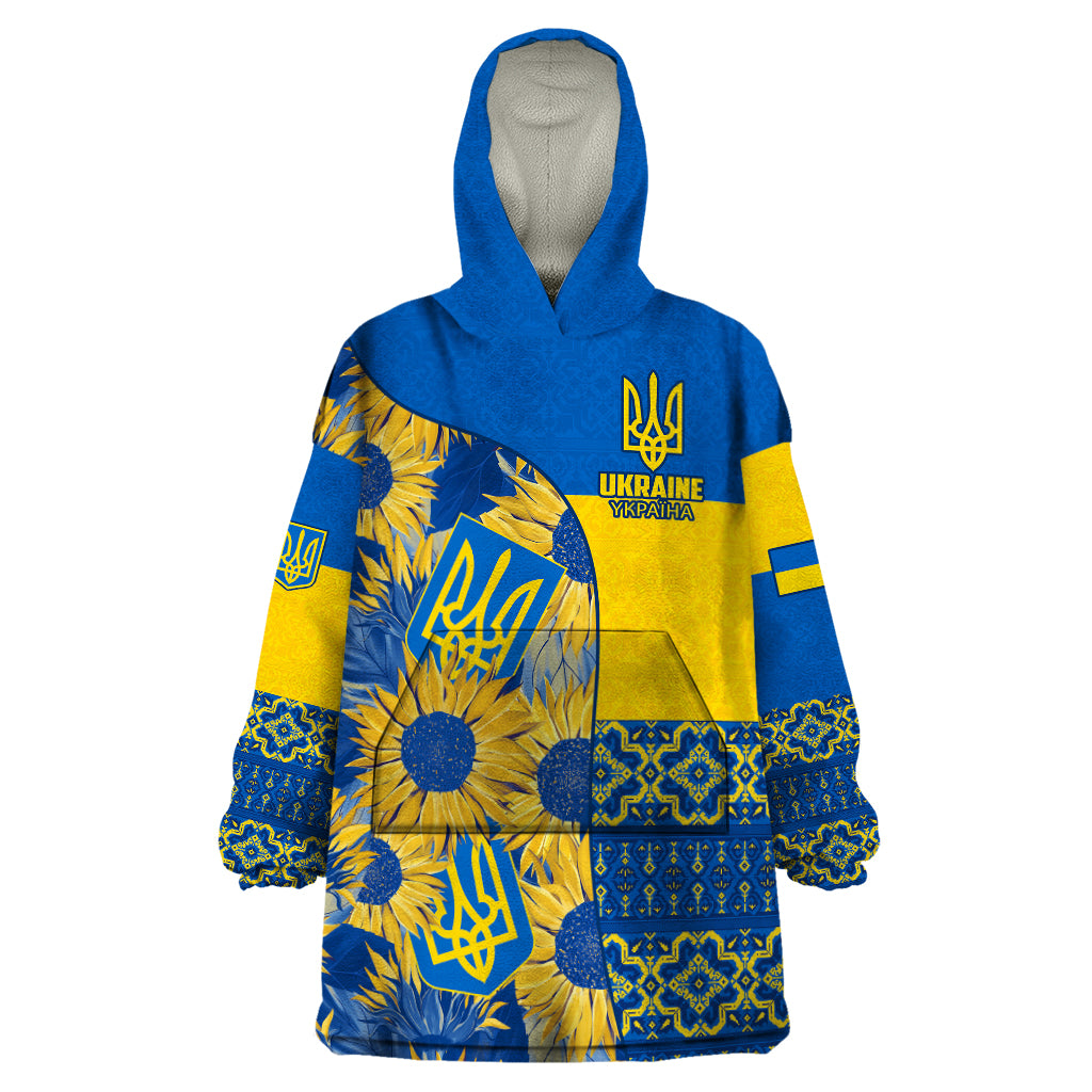 Personalised Ukraine Wearable Blanket Hoodie Ukrainian Coat of Arms and Folk Sunflower - Shopicos