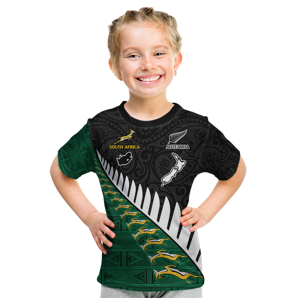 South Africa and Aotearoa Rugby Kid T Shirt Springboks Black Fern Maori Vibe - Shopicos