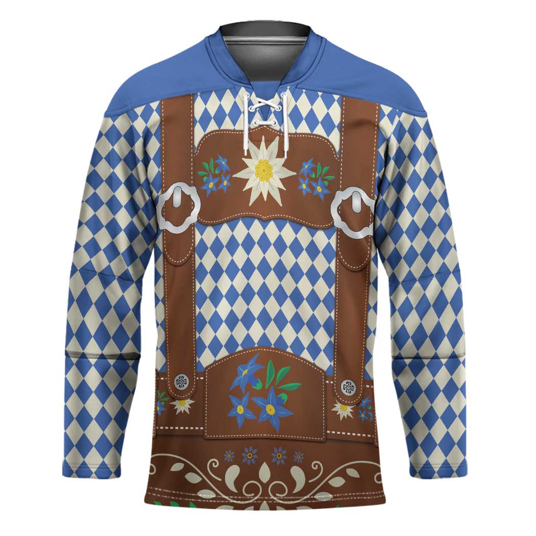 Lederhosen Oktoberfest Hockey Jersey Blue Edelweiss Floral Polka Dots - Shopicos