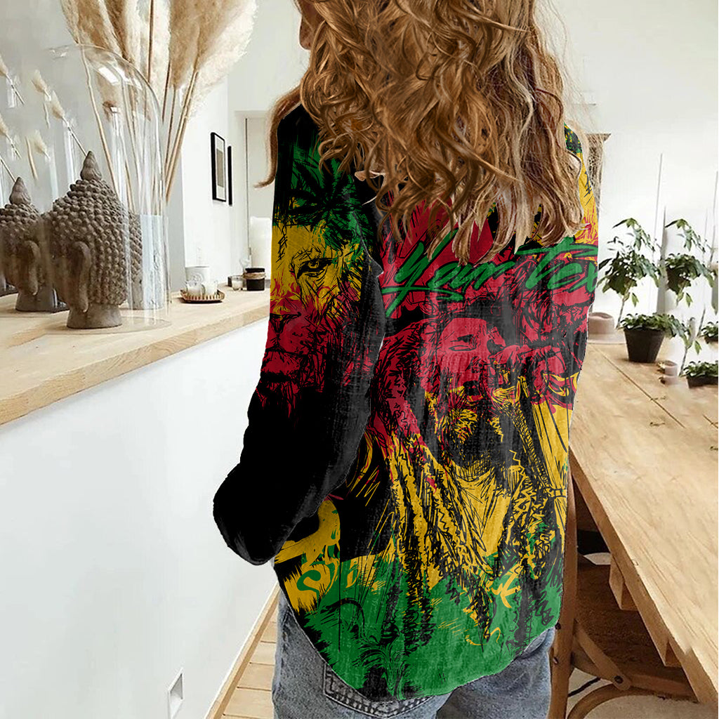 Rastafarian Lion Legend Bob Women Casual Shirt Reggae Festival Sketch Portrait - Shopicos