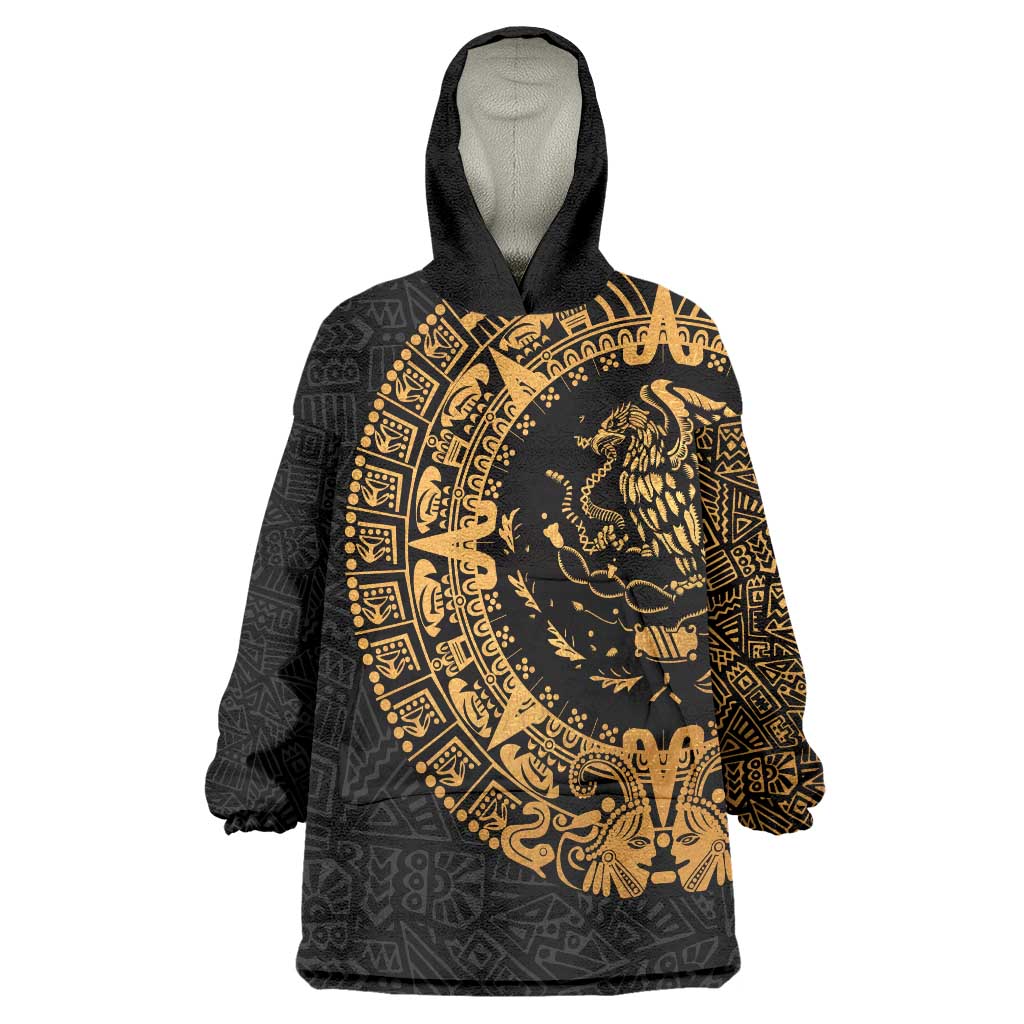 Mexican Aztec Wearable Blanket Hoodie Golden Coat of Arm - Shopicos