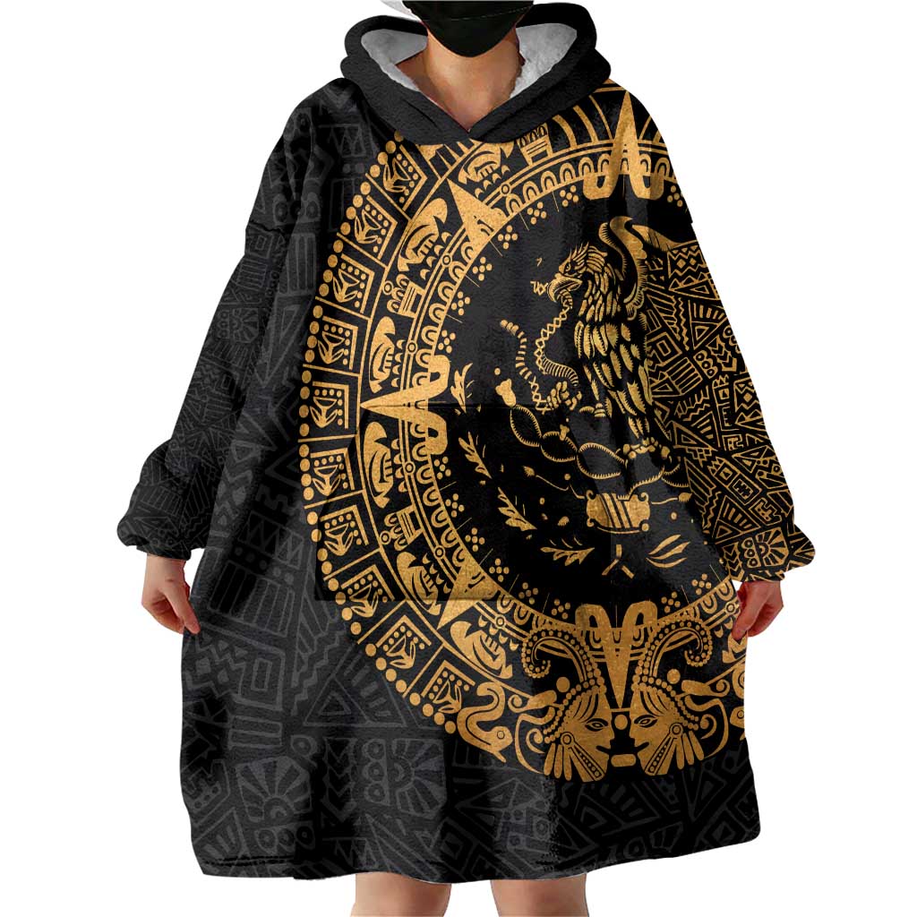 Mexican Aztec Wearable Blanket Hoodie Golden Coat of Arm - Shopicos