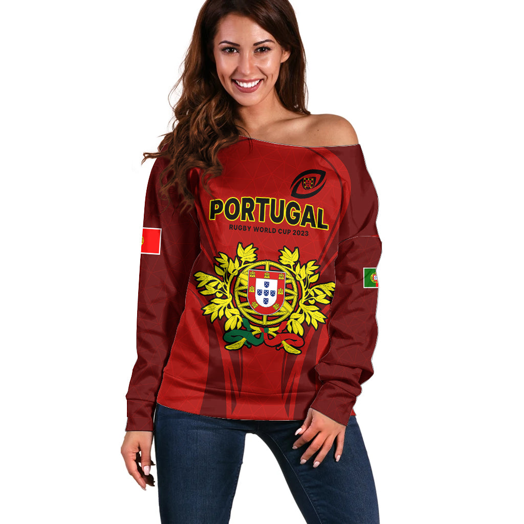 Custom Portugal Rugby Off Shoulder Sweater The Wolves World Cup 2023 Go Os Lobos - Shopicos