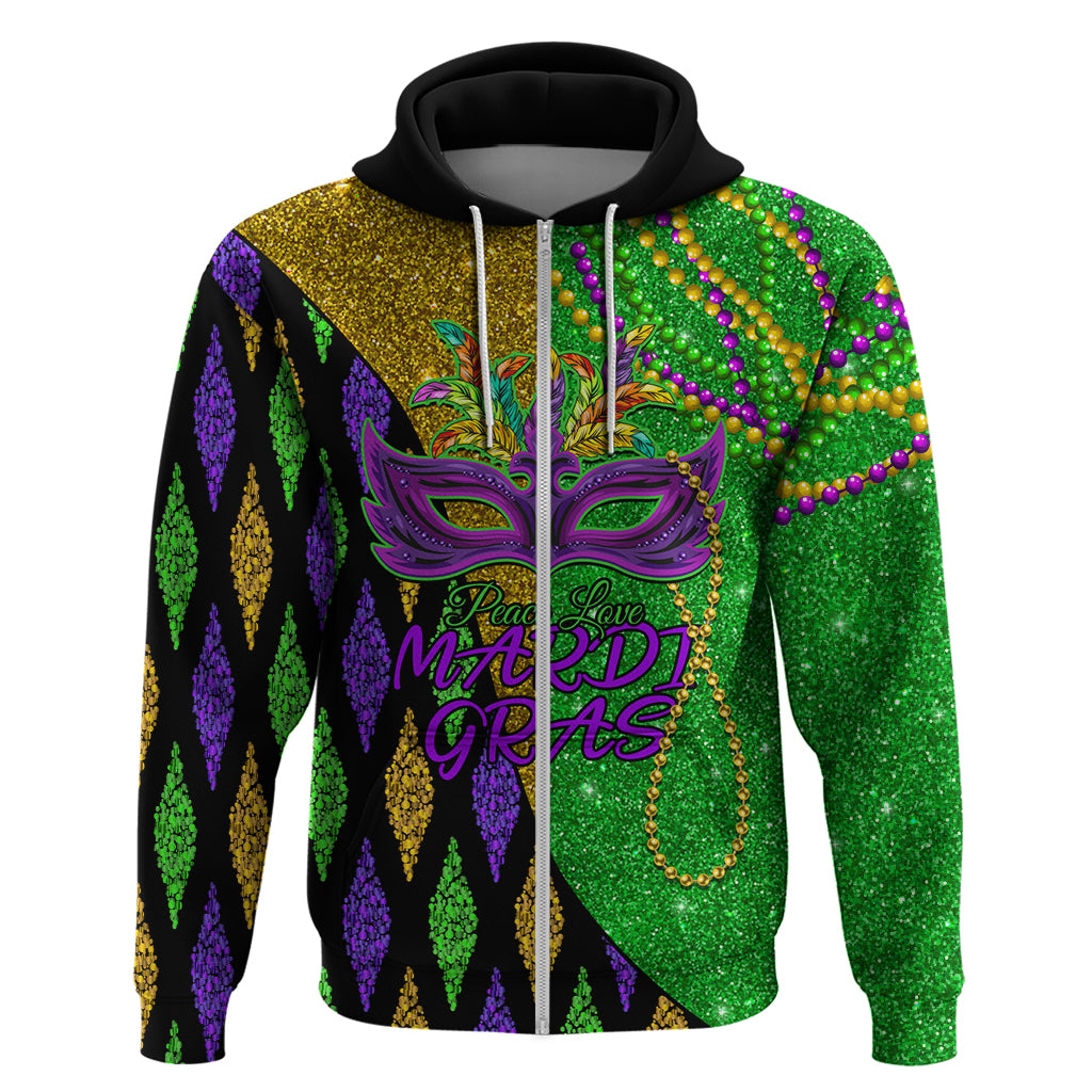 Peace Love Mardi Gras Zip Hoodie Carnival Masks With Feathers - Shopicos