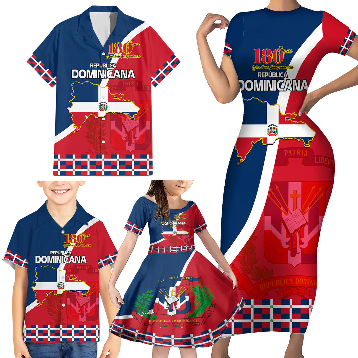 Dominican Republic 180th Years Independence Day Personalized Family Matching Short Sleeve Bodycon Dress and Hawaiian Shirt - Shopicos