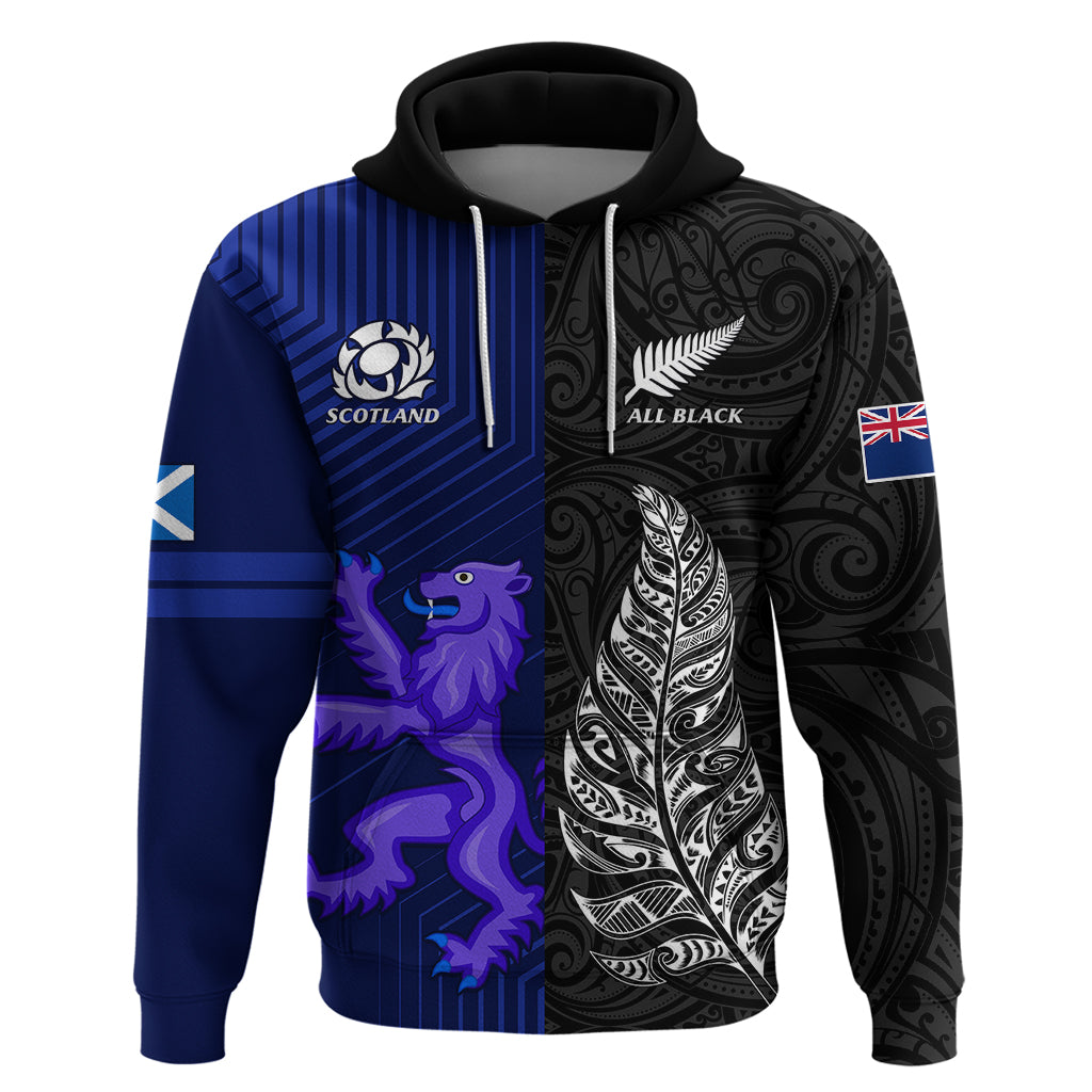 Personalised New Zealand and Scotland Rugby Hoodie All Black Maori With Thistle Together - Shopicos