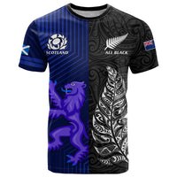 Personalised New Zealand and Scotland Rugby T Shirt All Black Maori With Thistle Together - Shopicos