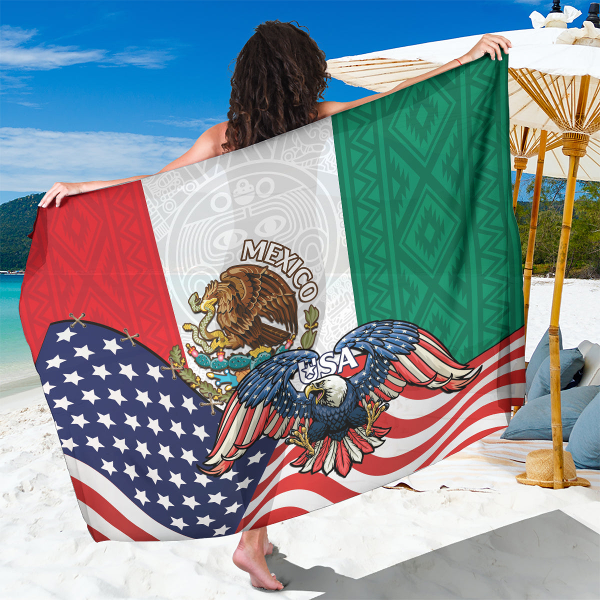 United States And Mexico Sarong USA Eagle With Mexican Aztec - Shopicos