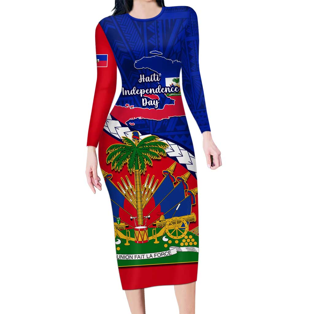 Personalised Haiti Independence Day Long Sleeve Bodycon Dress Ayiti National Emblem With Polynesian Pattern LT14