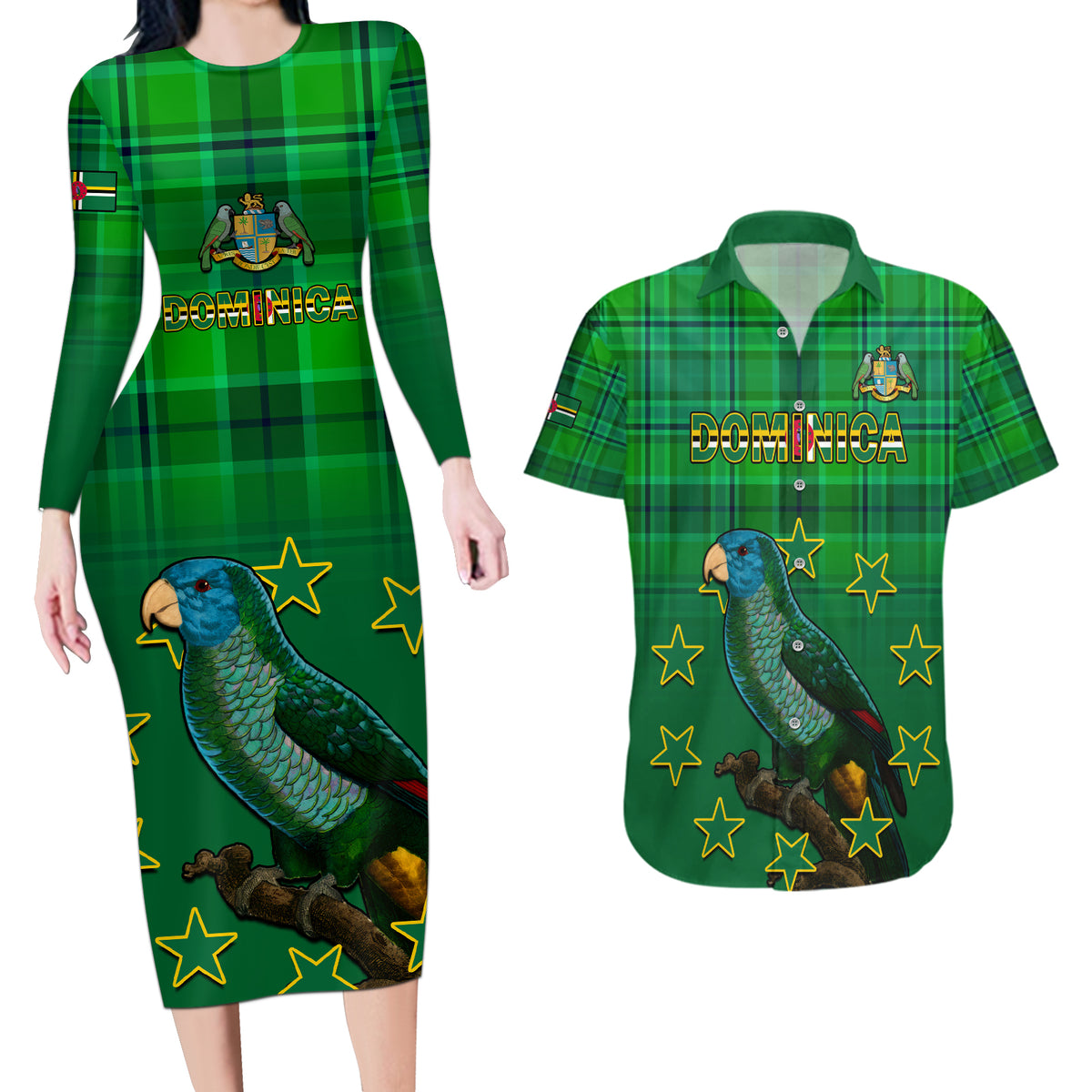 Dominica Independence Day Couples Matching Long Sleeve Bodycon Dress and Hawaiian Shirt Dominik Sisserou Parrot With Madras Pattern - Shopicos
