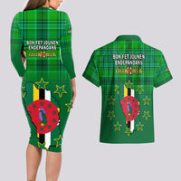 Dominica Independence Day Couples Matching Long Sleeve Bodycon Dress and Hawaiian Shirt Dominik Sisserou Parrot With Madras Pattern - Shopicos