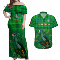 Dominica Independence Day Couples Matching Off Shoulder Maxi Dress and Hawaiian Shirt Dominik Sisserou Parrot With Madras Pattern - Shopicos