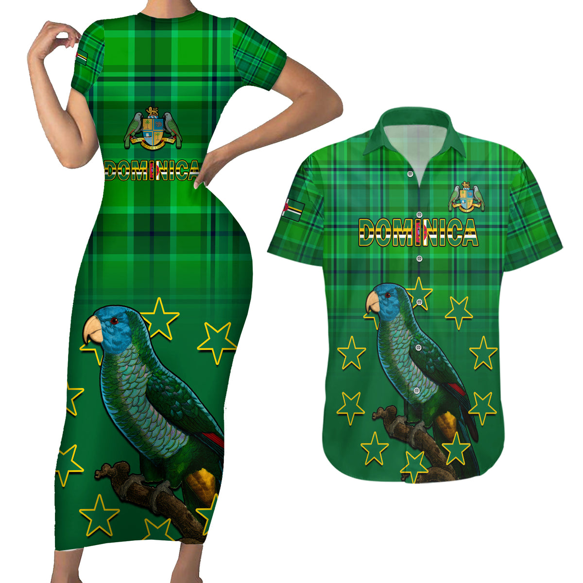 Dominica Independence Day Couples Matching Short Sleeve Bodycon Dress and Hawaiian Shirt Dominik Sisserou Parrot With Madras Pattern - Shopicos