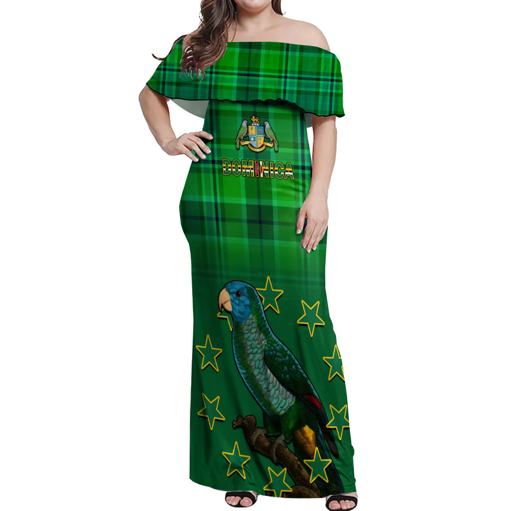 Dominica Independence Day Off Shoulder Maxi Dress Dominik Sisserou Parrot With Madras Pattern - Shopicos