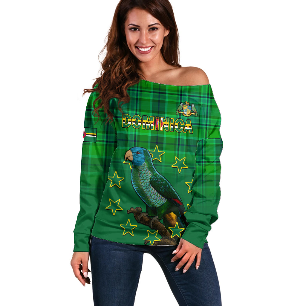 Dominica Independence Day Off Shoulder Sweater Dominik Sisserou Parrot With Madras Pattern - Shopicos