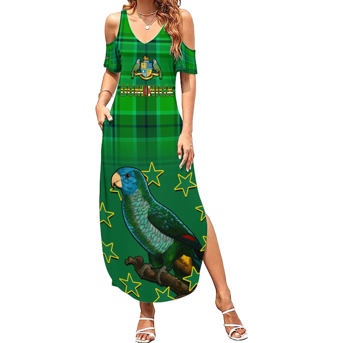 Dominica Independence Day Summer Maxi Dress Dominik Sisserou Parrot With Madras Pattern - Shopicos