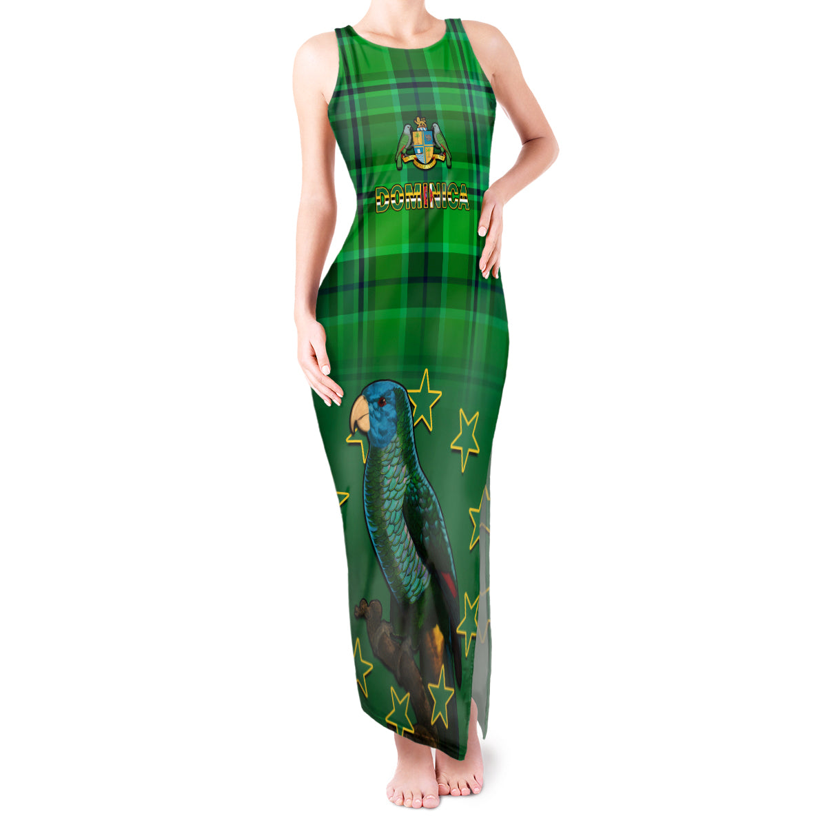 Dominica Independence Day Tank Maxi Dress Dominik Sisserou Parrot With Madras Pattern - Shopicos