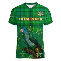 Dominica Independence Day Women V Neck T Shirt Dominik Sisserou Parrot With Madras Pattern - Shopicos