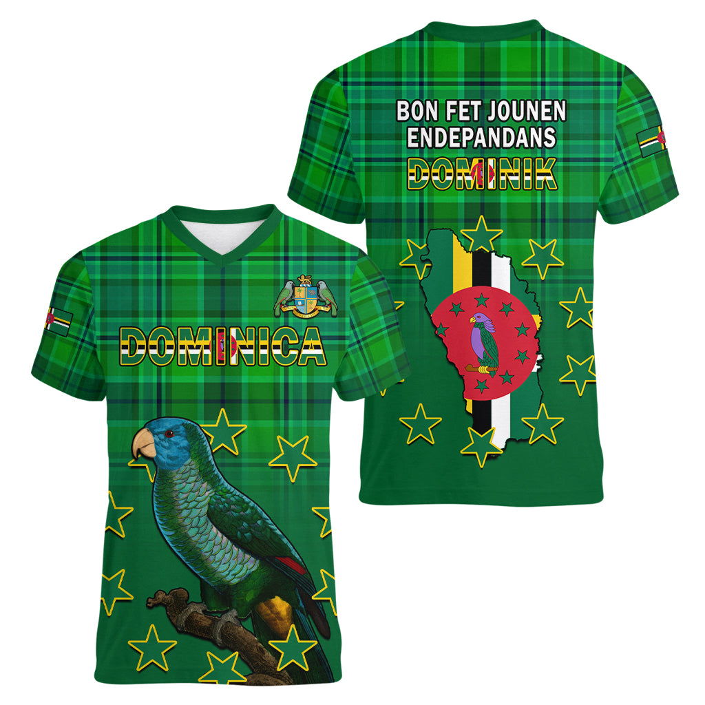 Dominica Independence Day Women V Neck T Shirt Dominik Sisserou Parrot With Madras Pattern - Shopicos