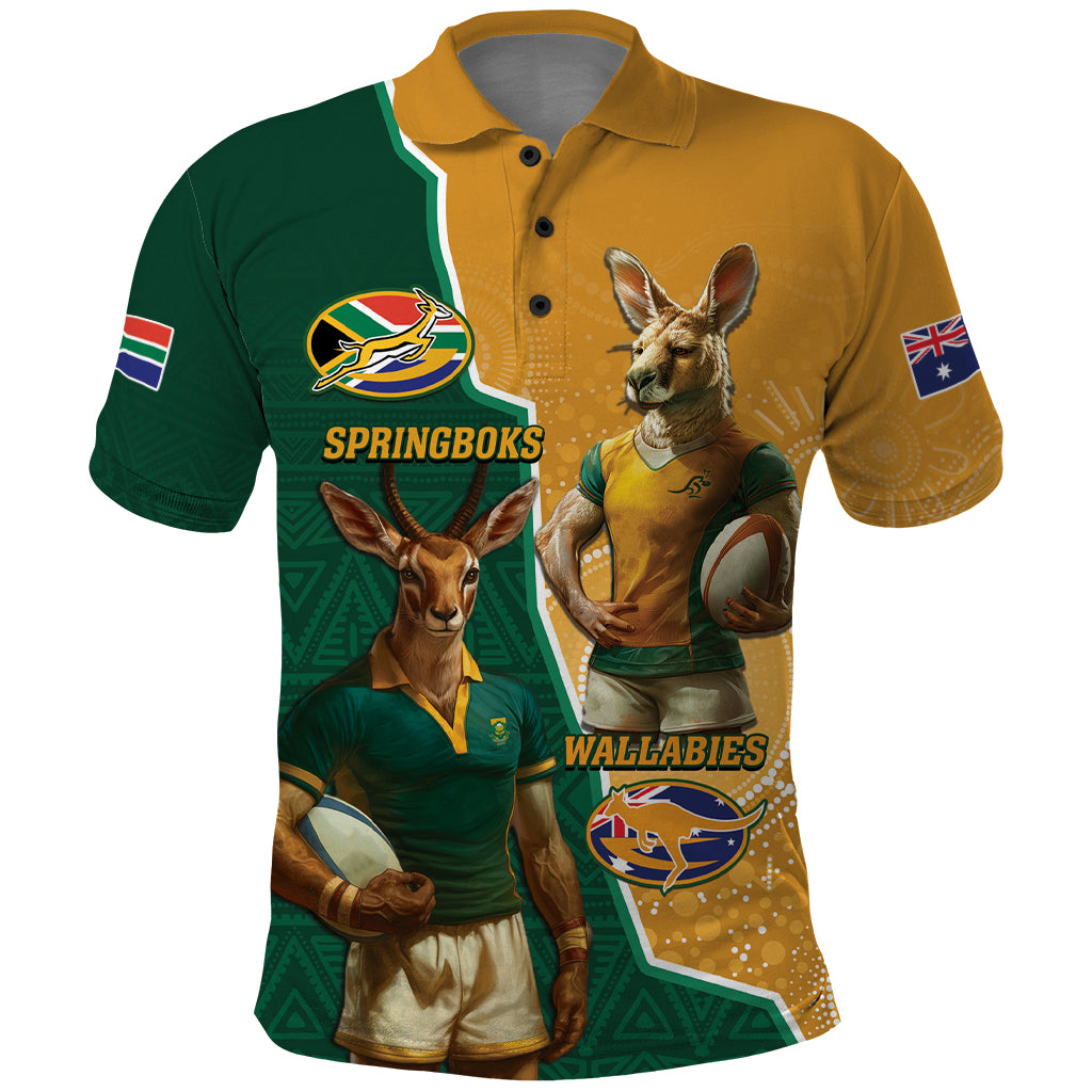 Personalised South Africa And Australia Rugby Polo Shirt 2024 Springboks Wallabies Mascots Together - Shopicos