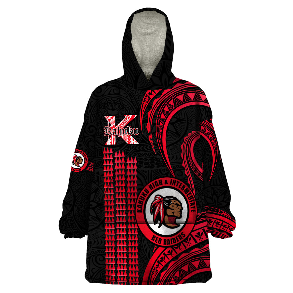 Hawaii Kahuku High And Intermediate School Wearable Blanket Hoodie Red Raiders Kakau Pattern - Shopicos