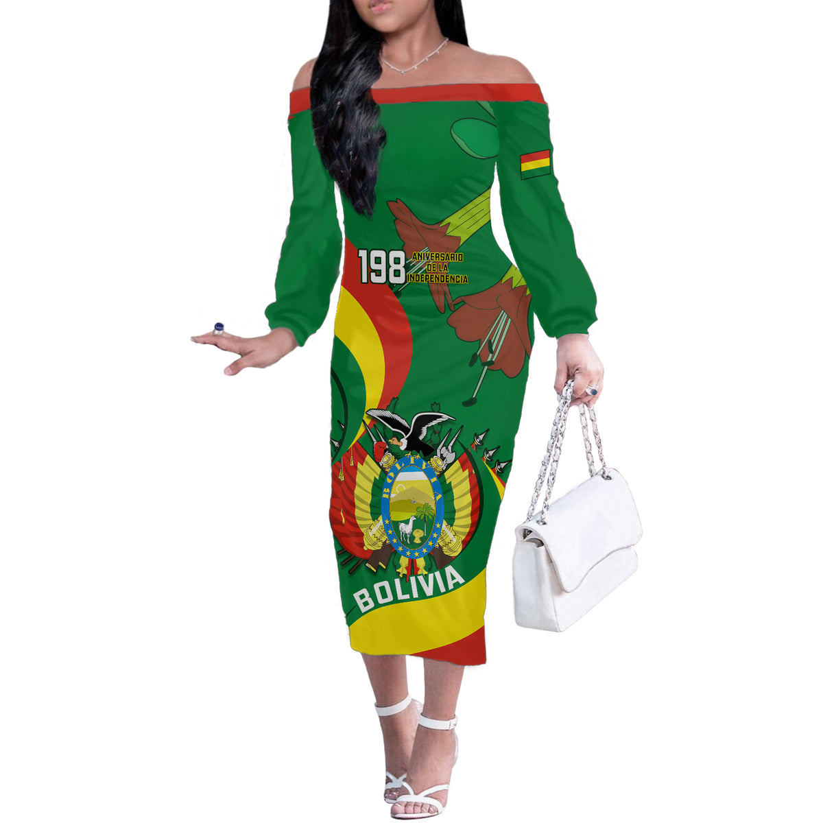 Personalised Bolivia Off The Shoulder Long Sleeve Dress Bolivian Kantuta Happy 198th Independence Day - Shopicos