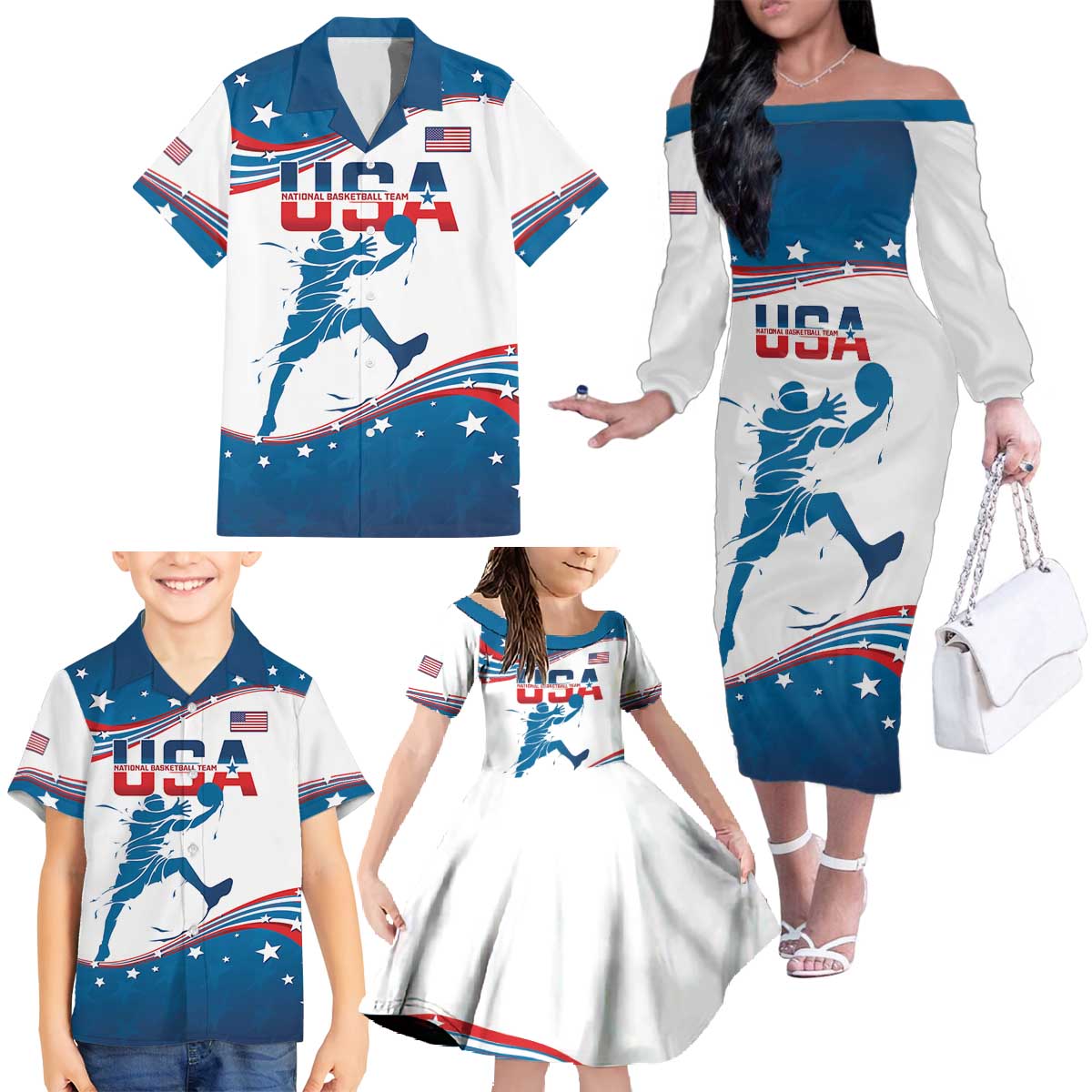 Custom USA Basketball Family Matching Off The Shoulder Long Sleeve Dress and Hawaiian Shirt 2024 Go Dream Team Curve Style - Shopicos