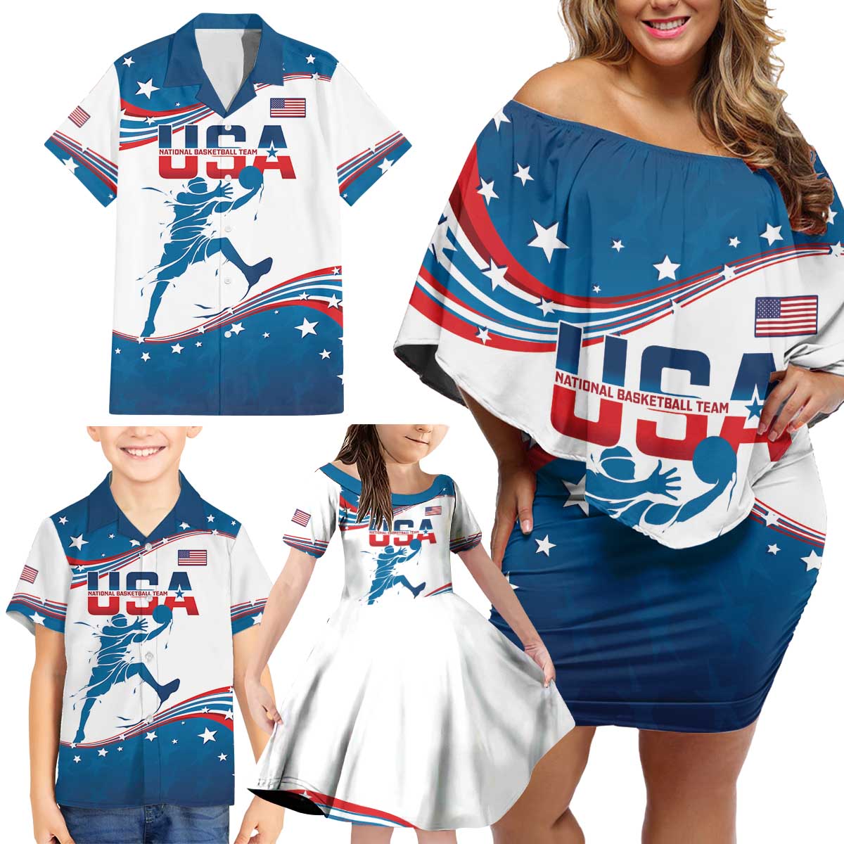 Custom USA Basketball Family Matching Off Shoulder Short Dress and Hawaiian Shirt 2024 Go Dream Team Curve Style - Shopicos