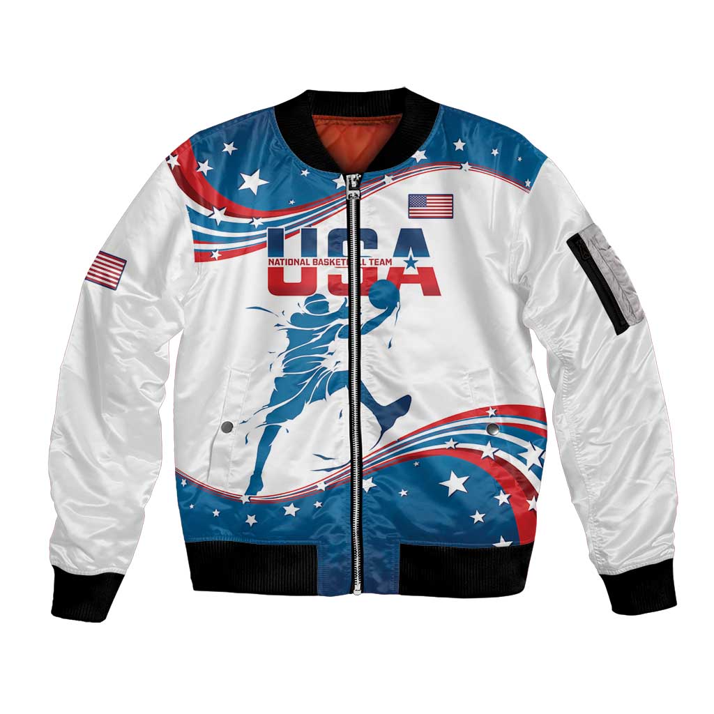 Custom USA Basketball Sleeve Zip Bomber Jacket 2024 Go Dream Team Curve Style - Shopicos