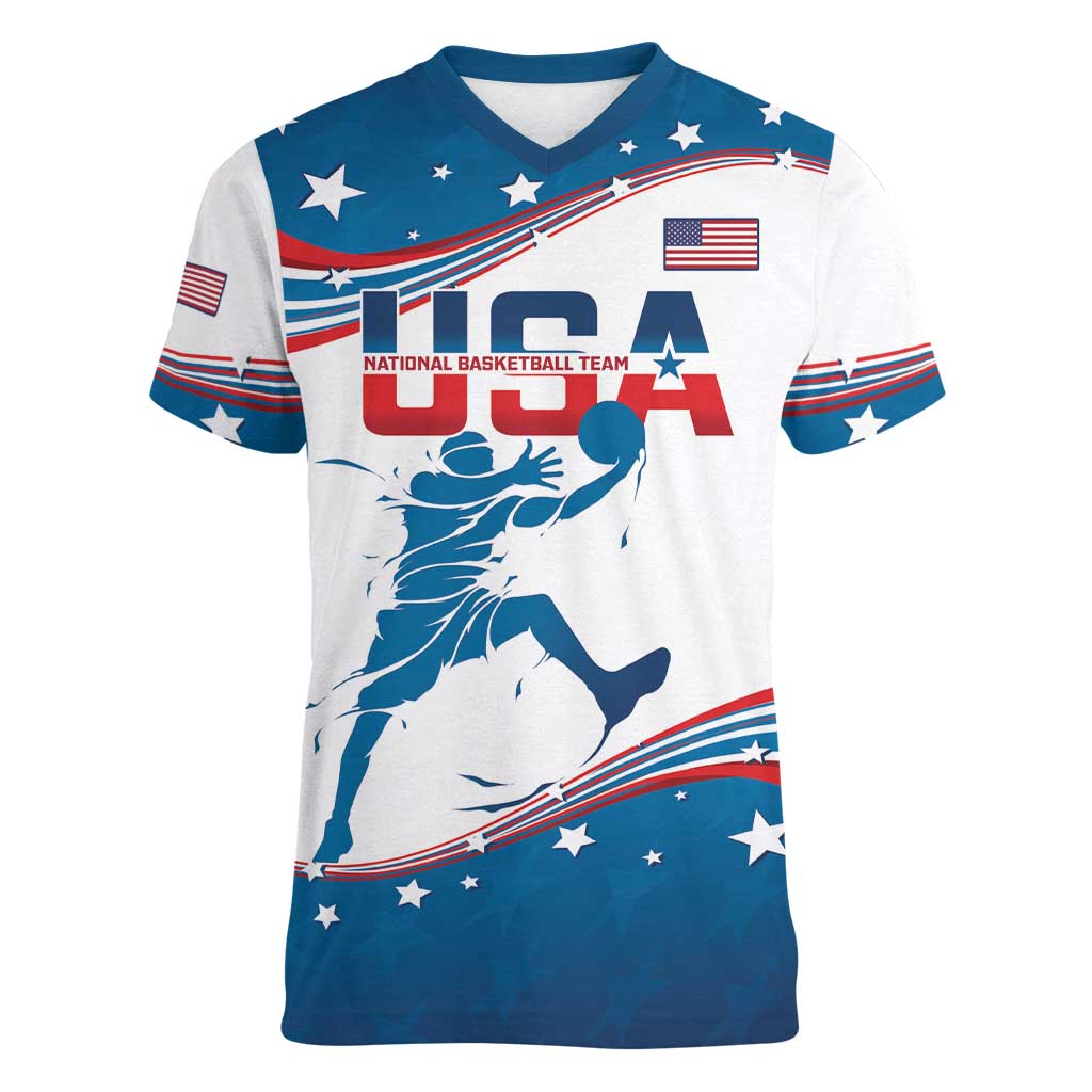 Custom USA Basketball Women V-Neck T-Shirt 2024 Go Dream Team Curve Style - Shopicos