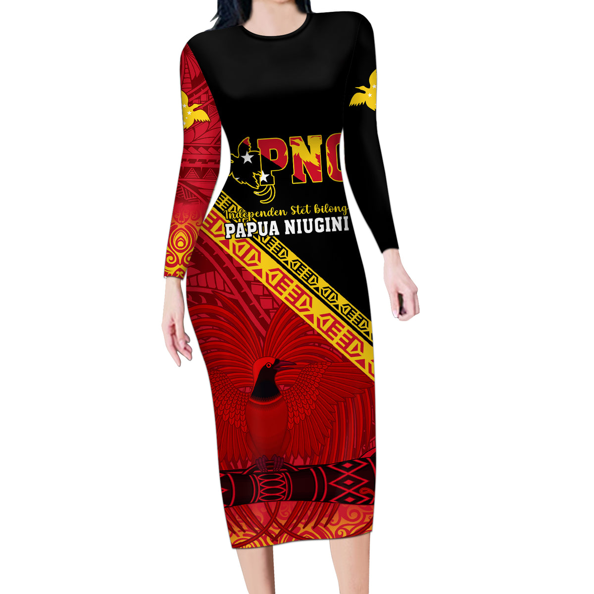 Papua New Guinea Long Sleeve Bodycon Dress Independen Stet bilong Papua Niugini Unique Version - Shopicos