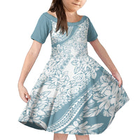 Polynesia Family Matching Off Shoulder Short Dress and Hawaiian Shirt Polynesian Tropical Flowers Blue Pastel Vibes - Shopicos