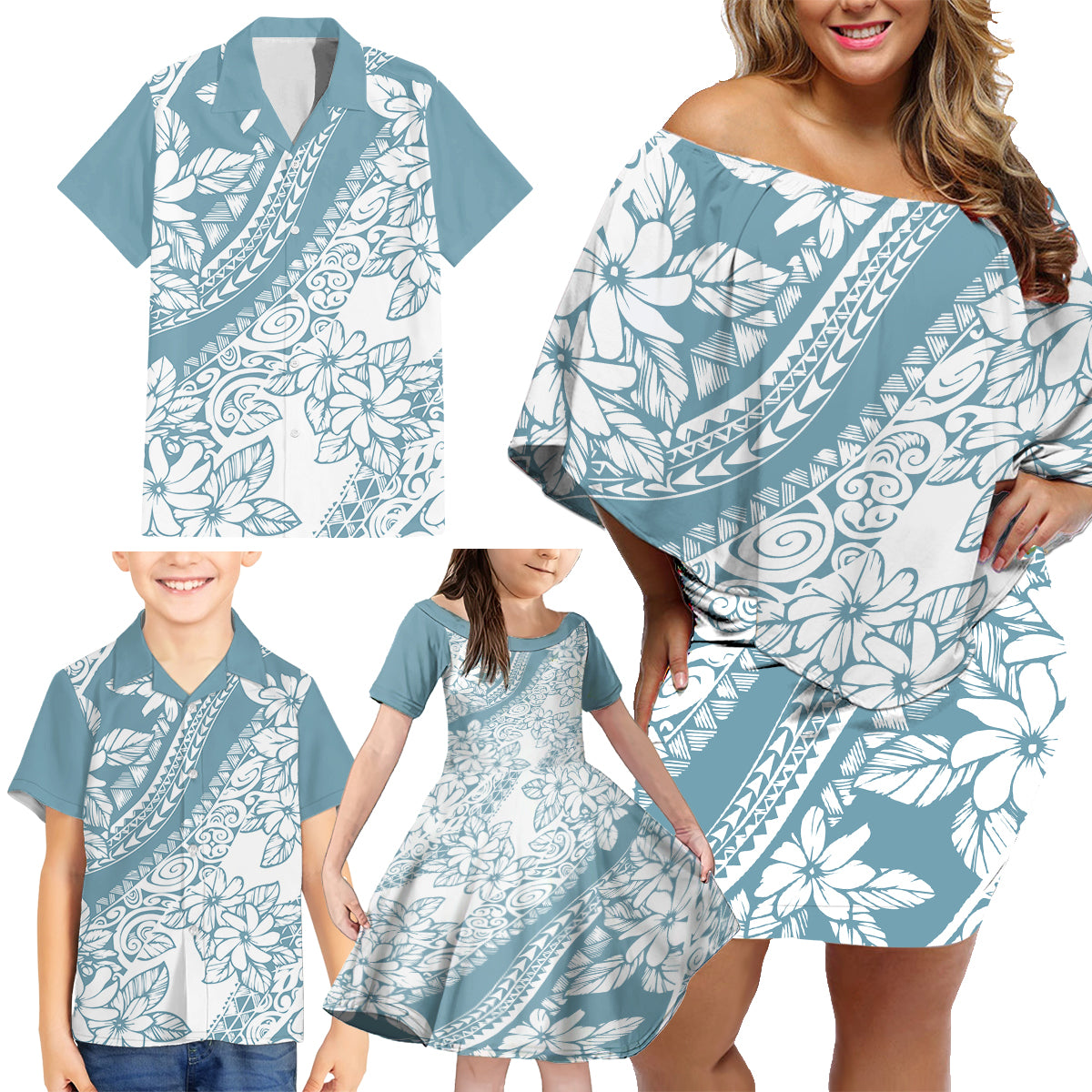 Polynesia Family Matching Off Shoulder Short Dress and Hawaiian Shirt Polynesian Tropical Flowers Blue Pastel Vibes - Shopicos