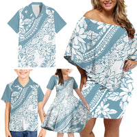 Polynesia Family Matching Off Shoulder Short Dress and Hawaiian Shirt Polynesian Tropical Flowers Blue Pastel Vibes - Shopicos